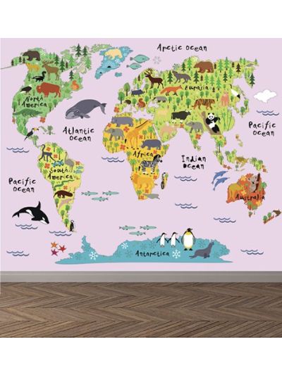  טפט לקיר לילדים-מפת עולם-רקה-ורוד