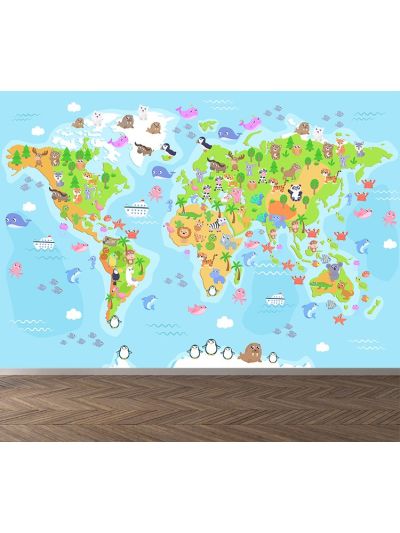  טפט לקיר לילדים-מפת עולם-רקה-מנטה